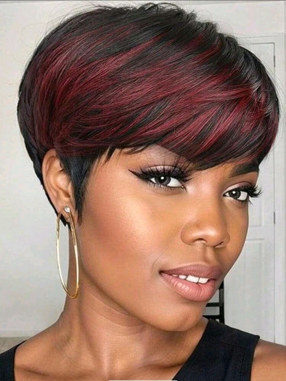 Short Layered Pixie Black with Burgundy Highlights Synthetic Hair Wig With Bang